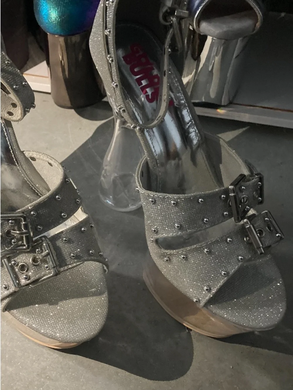 Silver Glitter Platform Sandals with Studded Straps